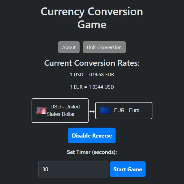 Screenshot of the Currency Conversion Game