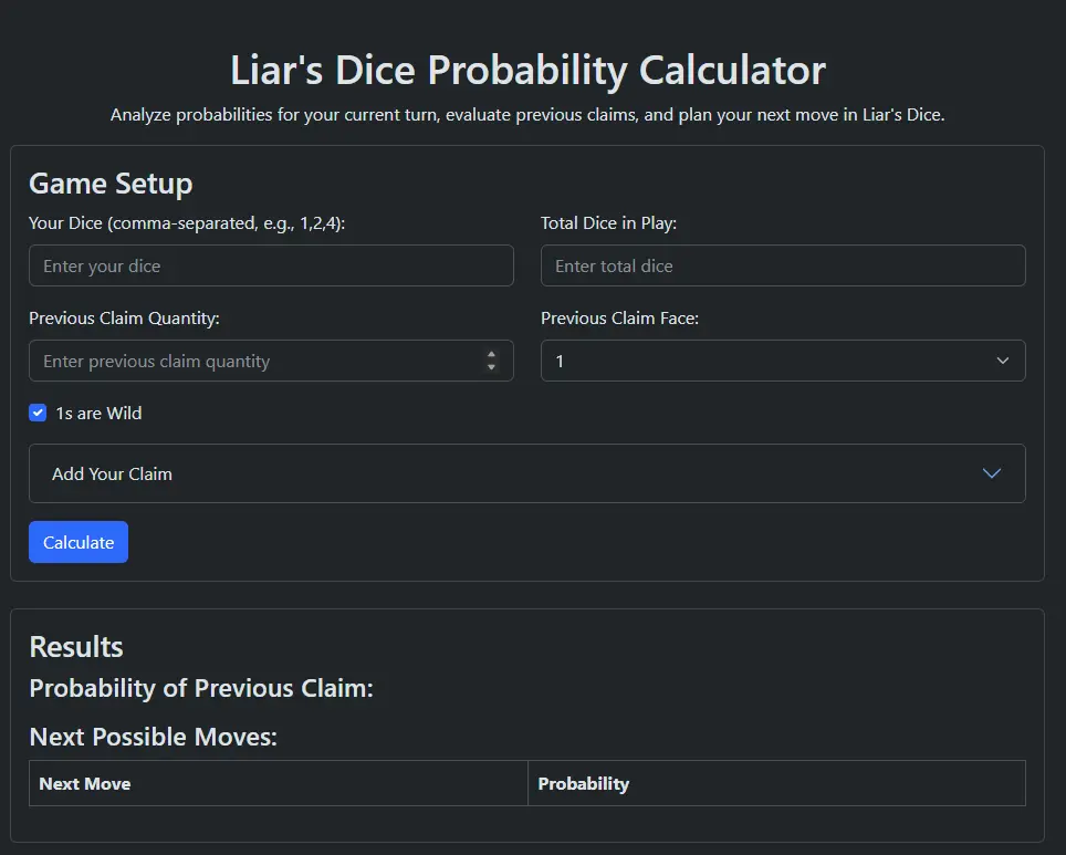 Screenshot of the Liars Dice Probability Calculator