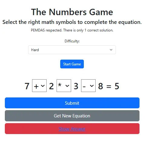 The Numbers Game interface with digits and symbols