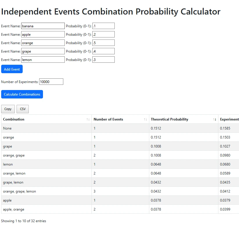 Probability calculator interface with dice and probabilities