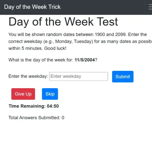 Screenshot of the Weekday from a Date calculator