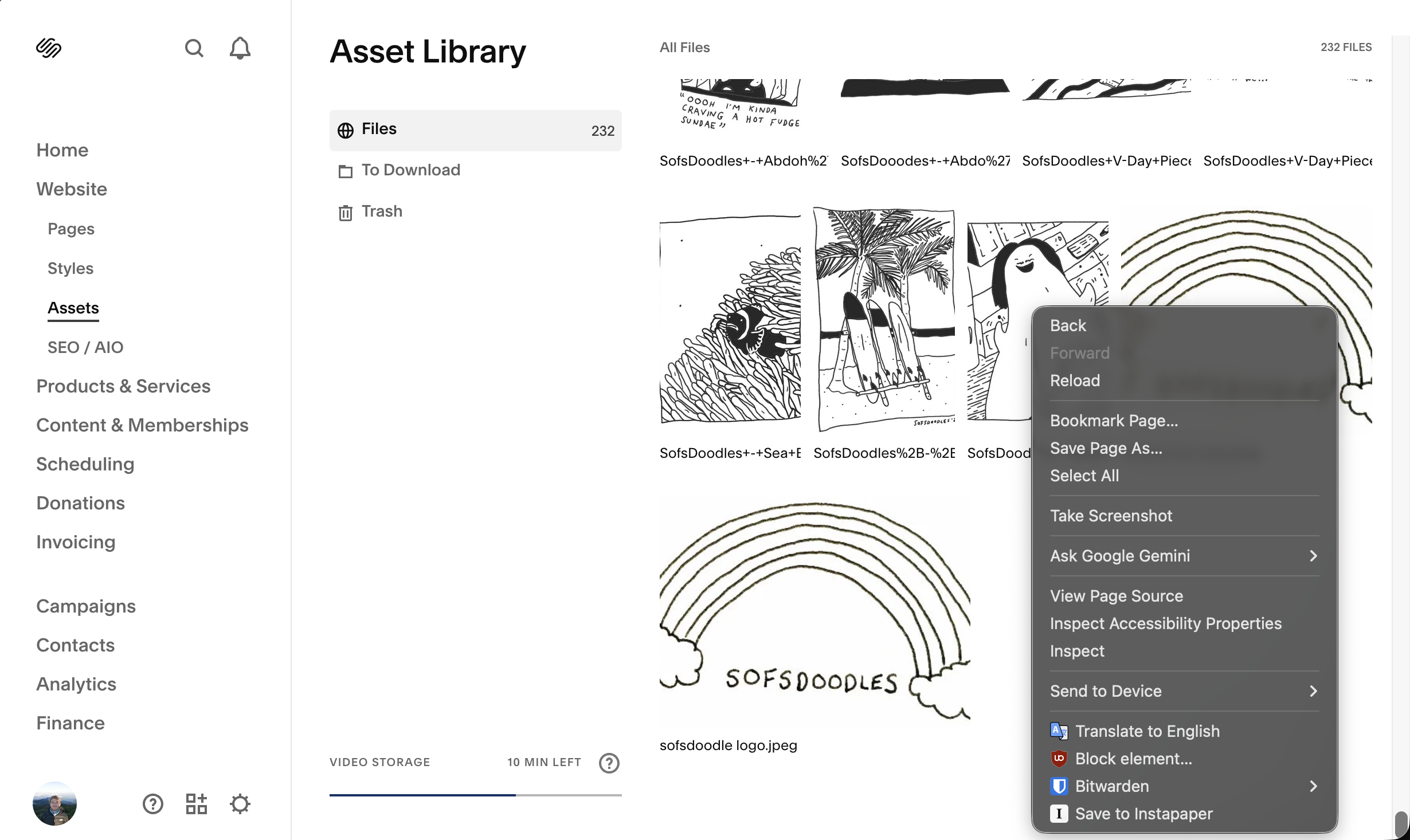 Screenshot of Squarespace page with right-click context menu open and 'Inspect' option highlighted