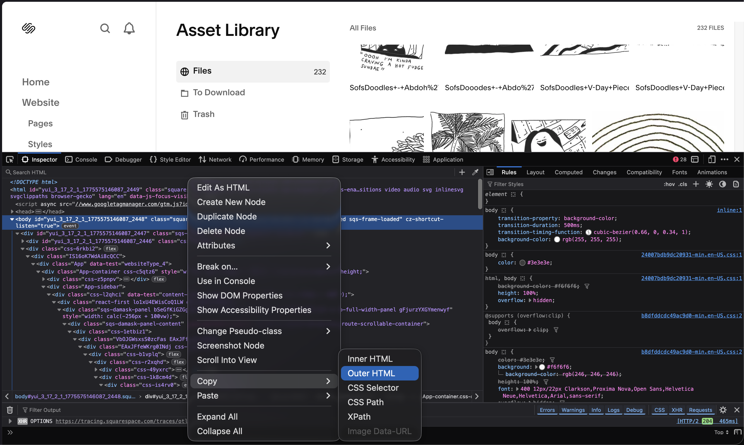 Screenshot of Chrome DevTools Elements panel, showing the body element of the Squarespace page being right-clicked with the 'Copy element' option highlighted