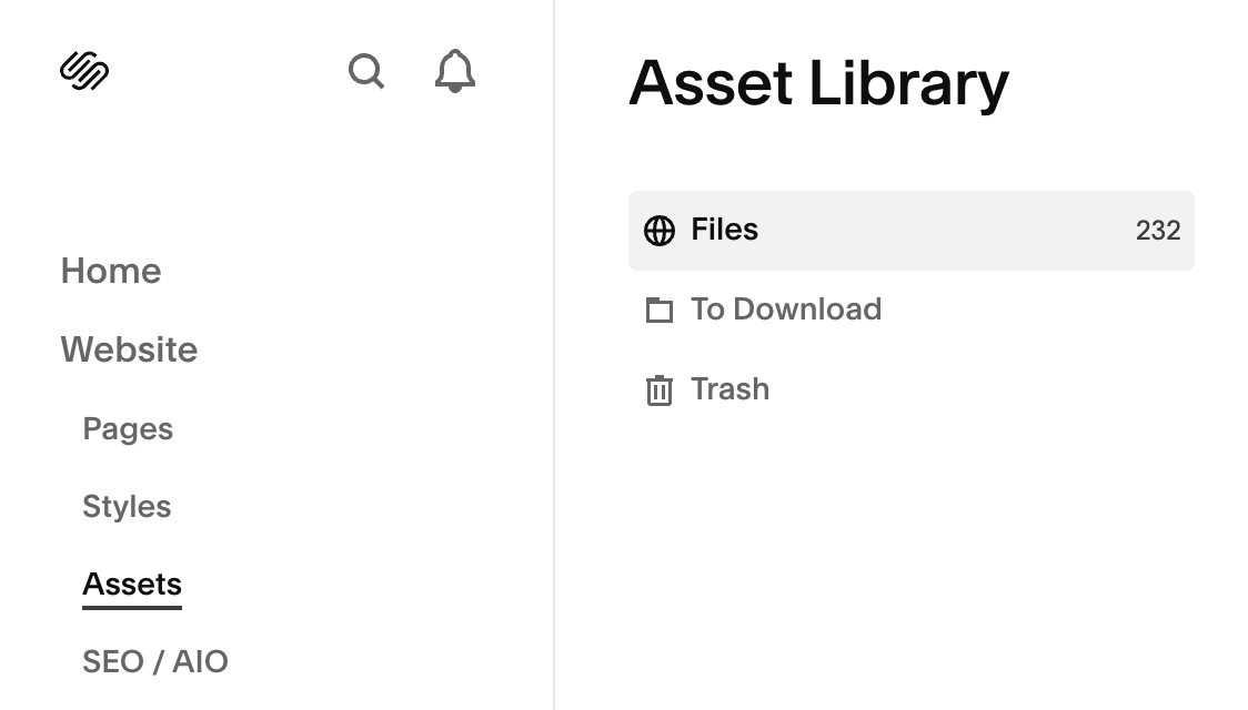 Screenshot of Squarespace Asset Library with scrollbar at the bottom, showing all items loaded